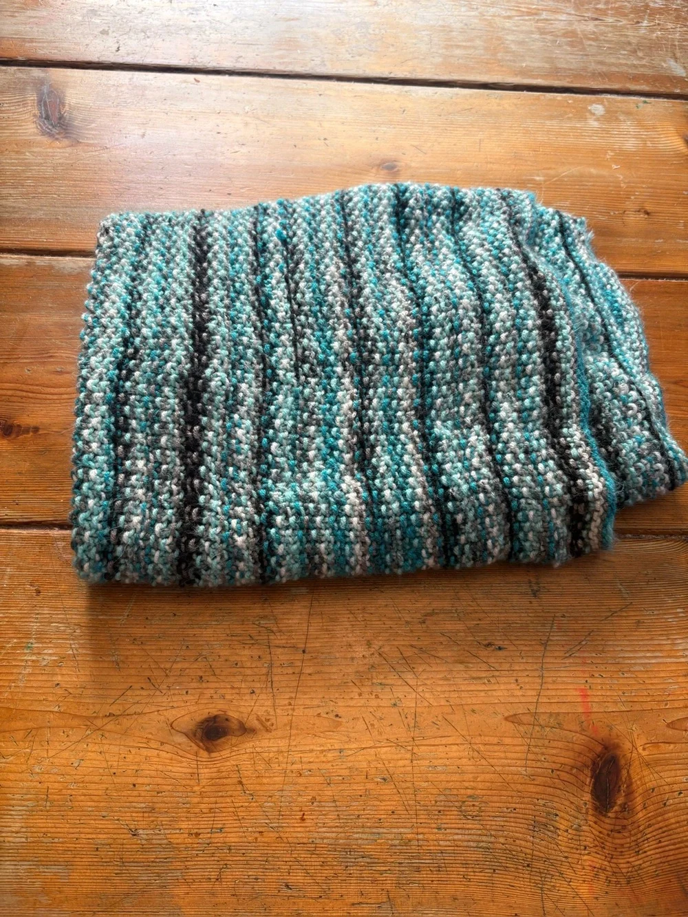 Handmade Striped Crochet Lap Blanket or Shawl in Teal and Charcoal Multicolor